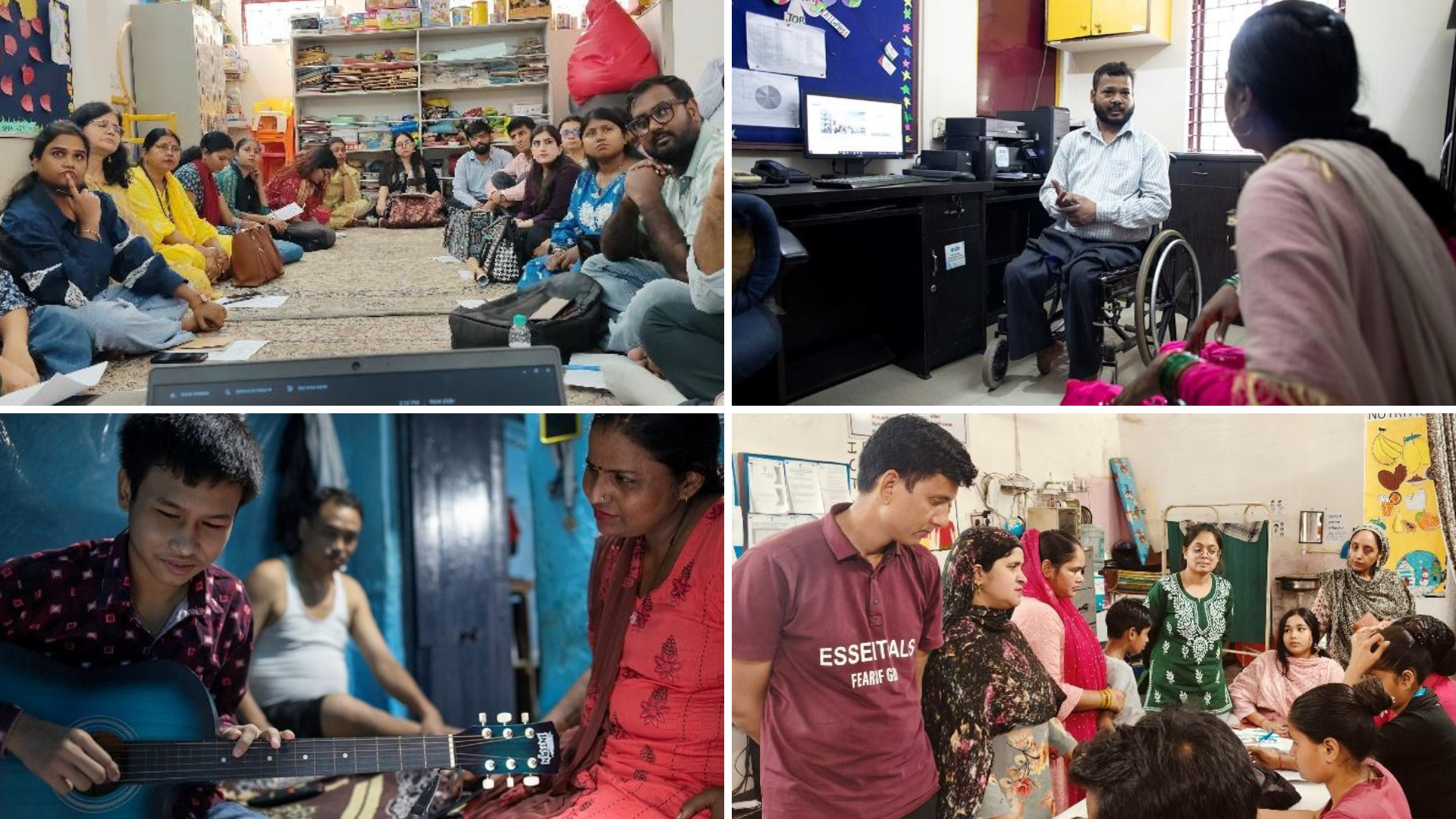 A collage of images displaying the work done by ASTHA. a wheelchair user conducting trainingThe photos depict group workshops, youth playing guitar,
