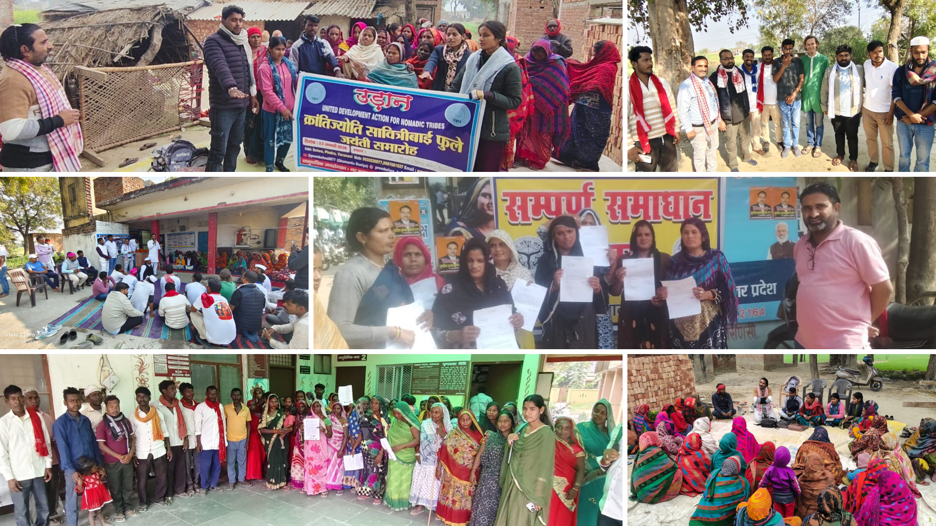 A collage of images displaying the work done by Udaan. Groups of people in rural UP, dressed in varied colourful Indian attire, representing activities like workshops, lectures and legal aid.